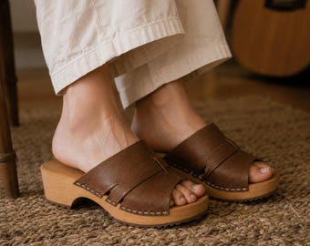 Handmade Brown Leather Clogs, Scandinavian Wooden Clog Sandals, Open-Toe Mules