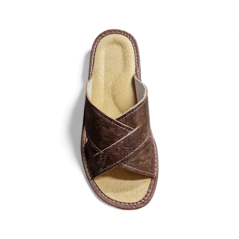 men slippers leather with open toe. house shoes for men with brown leather and rubber sole.