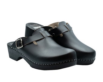 Zuecos suecos de madera hechos a mano – Zapatos escandinavos de cuero negro