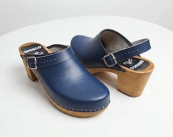 Navy Leather Heeled Clogs: Swedish Mary Jane Style