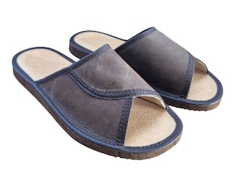 Pantuflas de piel hechas a mano con punta abierta: Zapatillas de casa marrón oscuro