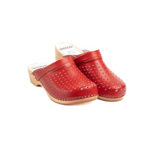 Red Leather Perforated Wooden Clogs: Handmade Swedish Style