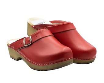 Handmade Red Leather Clogs: Swedish Wooden Mules with Buckle