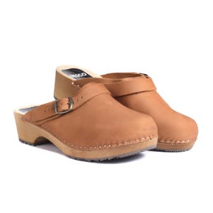Men’s Cognac Nubuck Leather Wooden Clogs with Buckle Strap | Handmade Wooden Clogs for Men | Comfortable Scandinavian Slip-Ons EU 40-47
