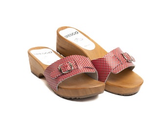 Red Polka Dot Leather Clogs: Open Toe Alder Wood Sandals