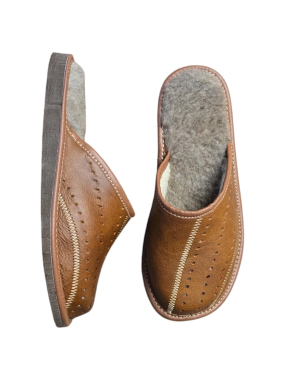Nuove Pantofole/ciabatte Da Uomo In Pelle Marrone Naturale/lana Di Pecora - Italia - Foto 2