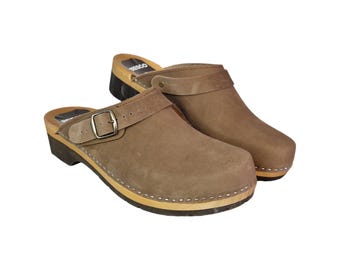 Brown Nubuck Men’s Wooden Clogs – Handmade, Buckle Heel Strap, Sizes 40-46 From Bresco Clogs