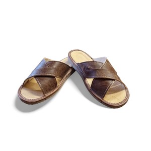 men slippers leather with open toe. house shoes for men with brown leather and rubber sole.