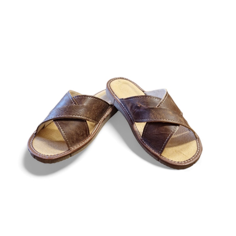 men slippers leather with open toe. house shoes for men with brown leather and rubber sole.