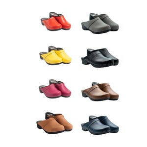 May include: A collection of clogs in various colors, including red, gray, yellow, black, pink, brown, and navy blue. Each pair features a wooden sole and a closed-toe design. The clogs are displayed on a white background.