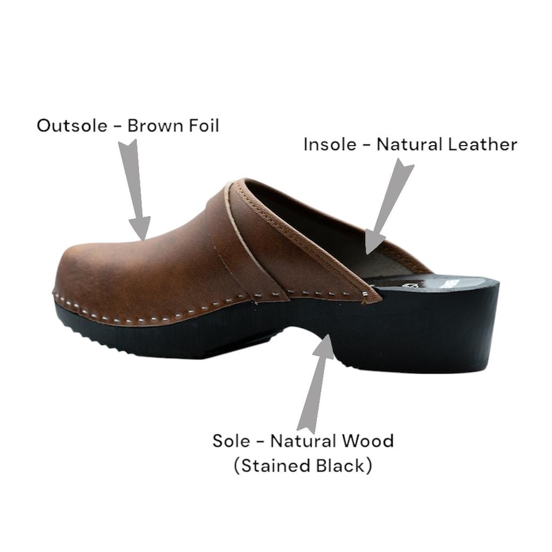 Handmade classic Swedish wooden clogs with a decorative stripe on the upper. Made of natural cowhide in brown leather and black wooden bottom. Available in women and men sizes. Made by BrescoClogs.