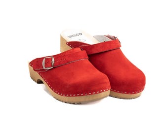 Men's Handmade Red Suede Clogs: Swedish Wooden Sole Sandals
