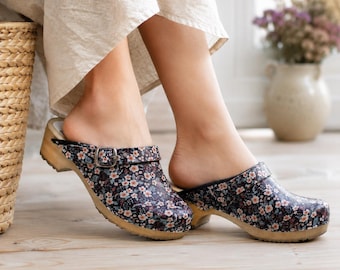 Swedish Wooden Clogs Women, Floral Leather Clogs, Handmade Leather Mules, Scandinavian Shoes, Cottagecore Footwear