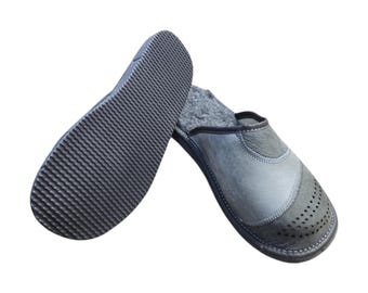 Pantufas masculinas de couro cinza – chinelos de casa forrados com pele natural, sola de EVA