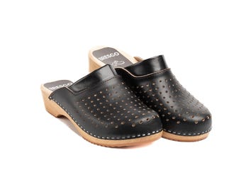 Men's Black Leather Clogs: Handmade Wooden Sole Shoes