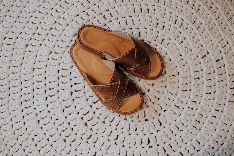 men slippers leather with open toe. house shoes for men with brown leather and rubber sole.