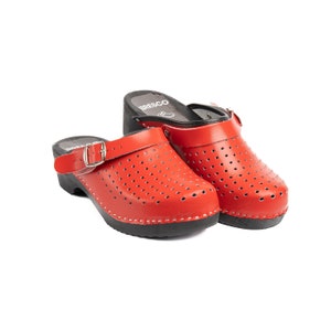 Red Leather Swedish Clogs: Perforated Buckle Alder Wood Shoes