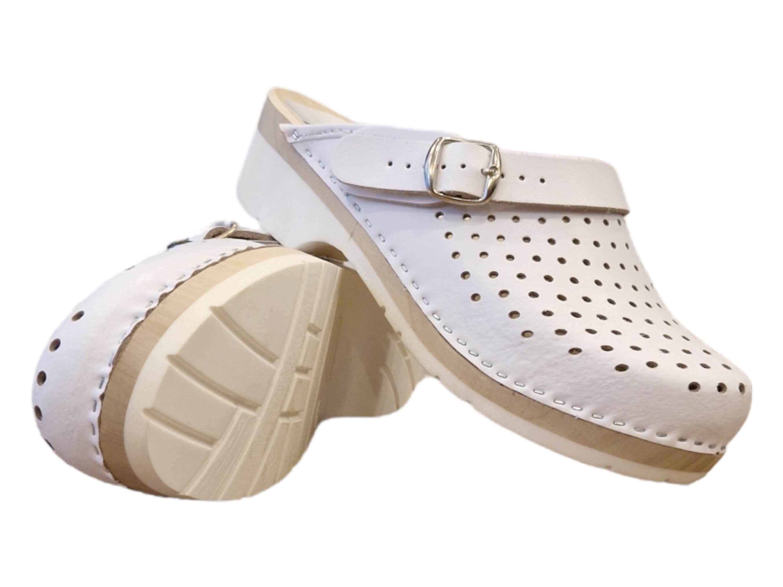 Handmade White Leather Clogs, Perforated Wooden Shoes, Scandinavian…