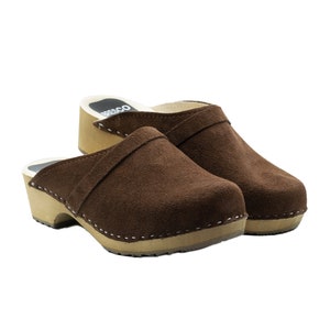 Handmade Brown Suede Clogs – Swedish Wooden Mules (EU 35–42)