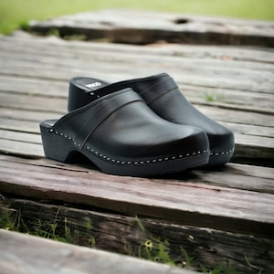 Black Leather Swedish Clogs: Handmade Wooden Sole Shoes