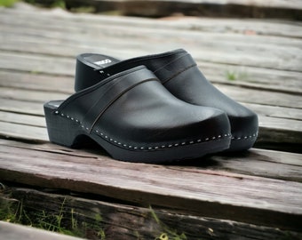 Swedish wooden clogs Made OF natural leather in black and wooden sole with Decorative Stripe.