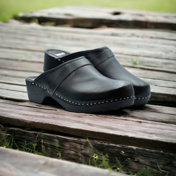 Swedish wooden clogs Made OF natural leather in black and wooden sole with Decorative Stripe.