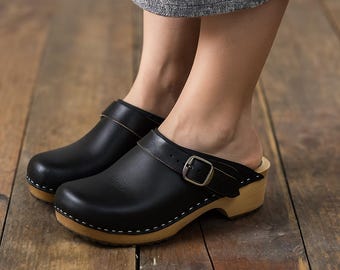 Handmade Black Leather Clogs: Scandinavian Wooden Sole Mules