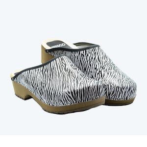 Zebra Leather Clogs: Swedish Wooden Shoes, EU 35-47