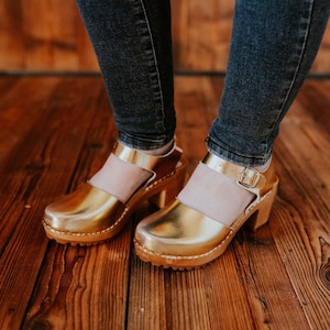 Heeled Leather Clogs: Gold or Pink, Alder Wood Sole