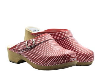 Handmade Red Leather Clogs – Swedish Polka Dot Wooden Mules (EU 35-42)