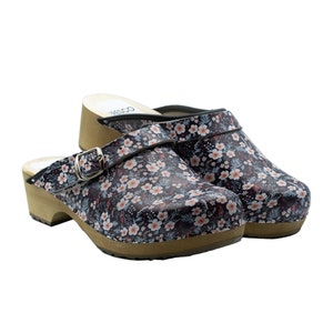 Handmade Swedish wooden clogs with buckle from flowers black real leather and alder wood in sizes for women and men from BrescoClogs