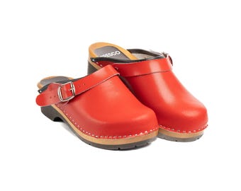 Red Men’s Wooden Clogs – Handmade, Buckle Heel Strap, Sizes 40-46 From Bresco Clogs