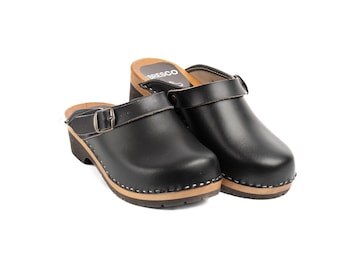 Men's Black Leather Clogs: Handmade Wooden Sole Shoes