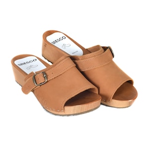 Swedish Wooden Clogs: Brown Nubuck Leather, Buckle Accent