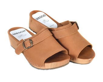 Swedish Wooden Clogs: Brown Nubuck Leather, Buckle Accent