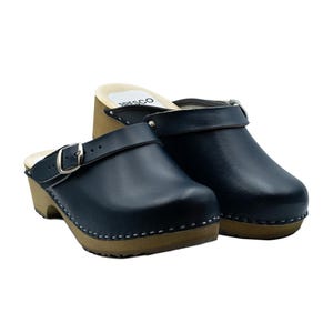 Handcrafted Men's Navy Leather Clogs: Swedish Wooden Mules