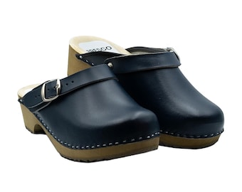 Handcrafted Men's Navy Leather Clogs: Swedish Wooden Mules
