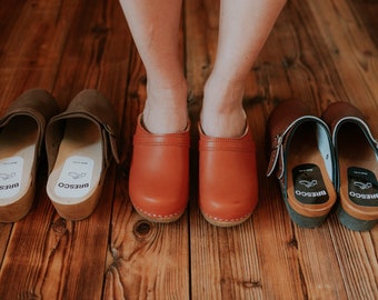 Wooden clogs with decorative stripe and brown vegan leather and real wooden sole for women and men from BrescoClogs