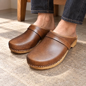 Handmade Brown Leather Clogs: Swedish Wooden Work Mules
