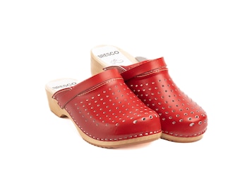 Men's Red Leather Clogs: Handmade Wooden Sole Shoes