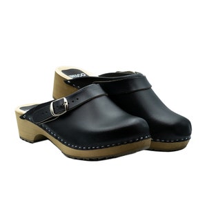 Black Leather Swedish Clogs: Low Heel Wooden Shoes