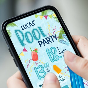 May include: A smartphone displaying a pool party invitation for Lucas. The invitation features a blue pool with colorful decorations, a watermelon drink, and the date June 18th at 1:00 PM.