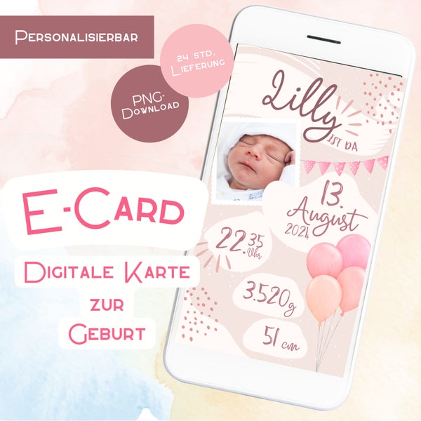 Geburtsanzeige Geburt verkünden Mädchen Karte Digitale E-Card WhatsApp personalisiert Babyshower mit Bild Geburtskarte Geschenk Babyparty