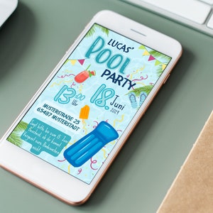 May include: A blue and white smartphone screen displays a pool party invitation with the text "Lucas' Pool Party" and "13:00 Uhr 18 Juni 2021". The invitation also includes a blue inflatable pool float, a red and white popsicle, and a red and white striped straw.