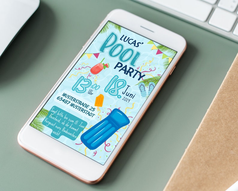 May include: A blue and white smartphone screen displays a pool party invitation with the text "Lucas' Pool Party" and "13:00 Uhr 18 Juni 2021". The invitation also includes a blue inflatable pool float, a red and white popsicle, and a red and white striped straw.