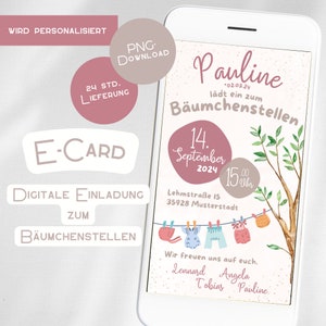 Einladung Bäumchenstellen Babypinkeln Pullerschnaps Kindsbier Digitale E-Card WhatsApp personalisiert Mädchen Handy rosa Geburtsgeschenk