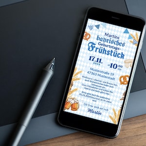 May include: A blue and white invitation for a Bavarian breakfast birthday party. The invitation features a blue and white checkered background with illustrations of pretzels, wheat, and beer steins. The text on the invitation reads "Martins bayrisches Geburtstags-Fr&uuml;hst&uuml;ck 17.11. 2024 ab 10:00 Uhr Musterstra&szlig;e 19 47363 Musterstadt Wellwurst, Leberk&auml;s und Brezen fein, auch Bratw&uuml;rstchen laden zum Schmausen ein. Dazu K&auml;seplatten und k&uuml;hles Bier, Aperol und mehr gibt's hier! Bitte gebt doch bis sp&auml;testens 01.11.2024 Bescheid, ob Ihr dabei seid. Ich freue mich auf euch Martin"
