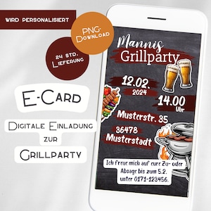 Convite para festa de churrasco Salve a data Cartão eletrônico digital WhatsApp Chill n Grill personalizado Festa de verão Festival de verão Dia dos Pais Grelhados Preto