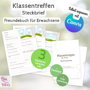 May include: A collection of white paper documents with the German text "Klassentreffen Steckbrief Freundebuch für Erwachsene" and "Foto-sammlung". The documents include fill-in-the-blank sections and photo placeholders. A Canva logo is visible.