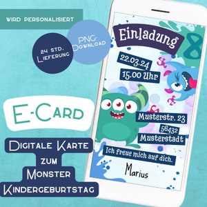 Einladung Monster Kindergeburtstag Junge - Baby Geburtstagseinladung ECard Einladungskarte Erster Geburtstag türkis blau Whatsapp Ungeheuer